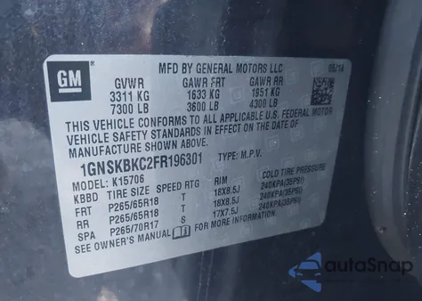 2015 Chevrolet Tahoe Lt из США, поврежденный, VIN 1GNSKBKC2FR196301